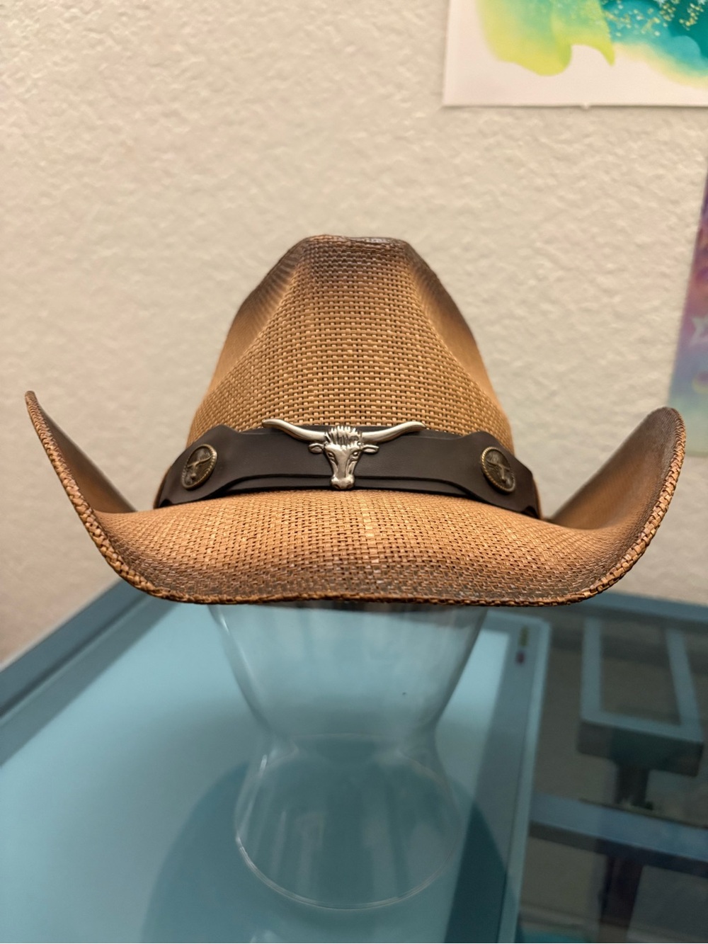 Milani Tan Straw Cowboy Hat with Dark Brown Band and Silver Longhorn